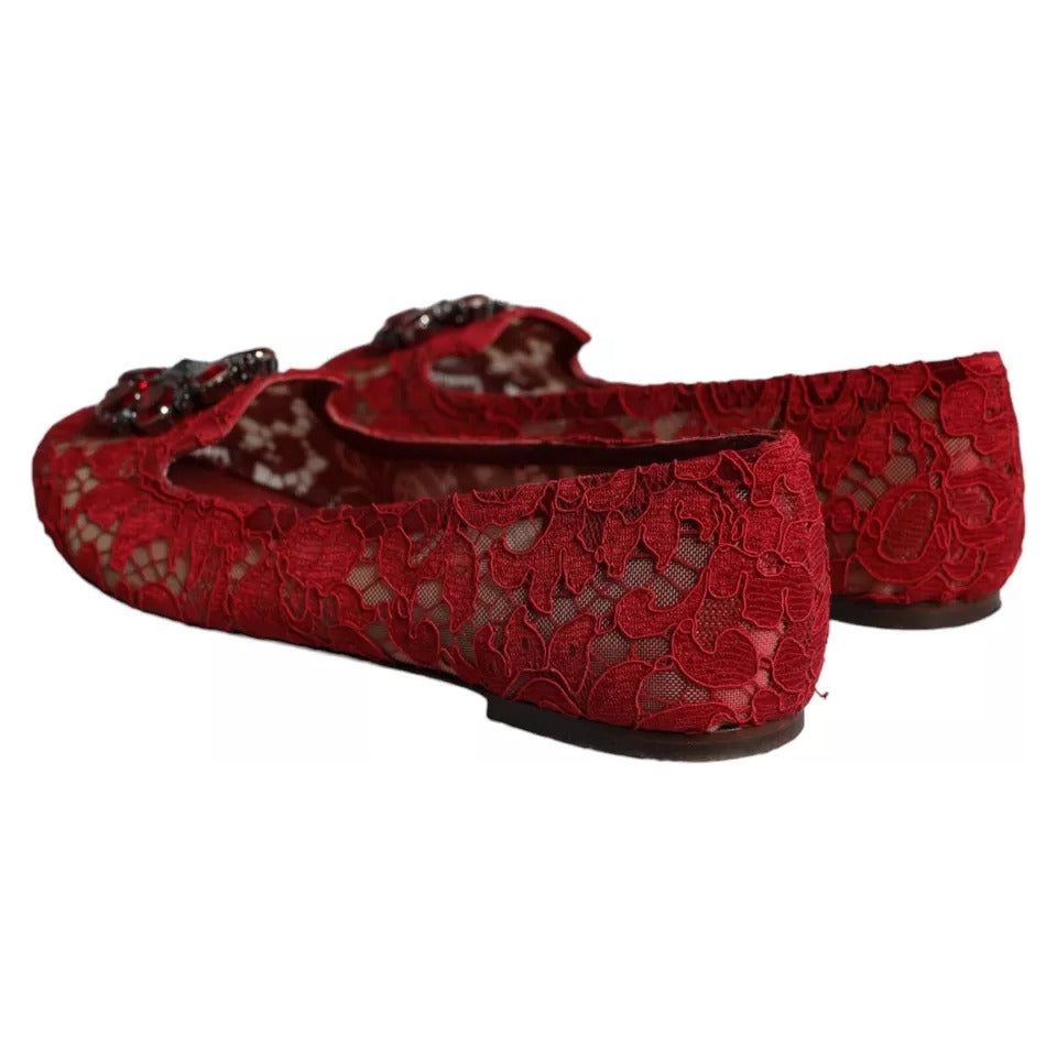 Dolce & Gabbana Red Lace Crystal Ballet Flats Loafers Shoes Dolce & Gabbana