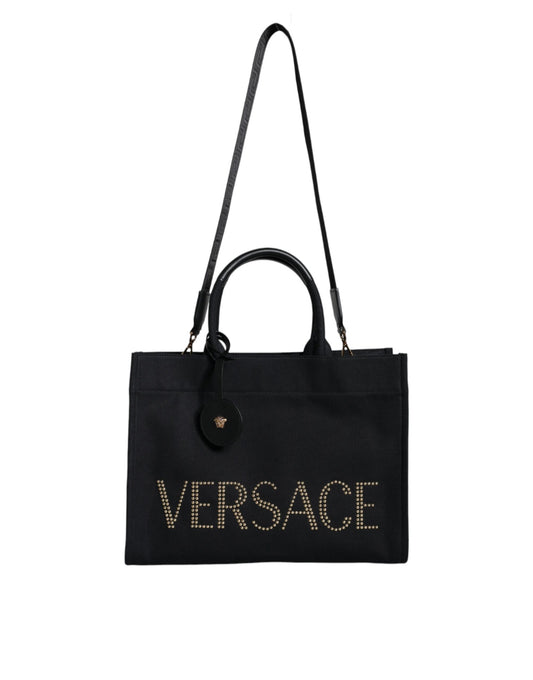 Versace Black Top Handle Canvas Leather Logo Crossbody Tote Bag Versace