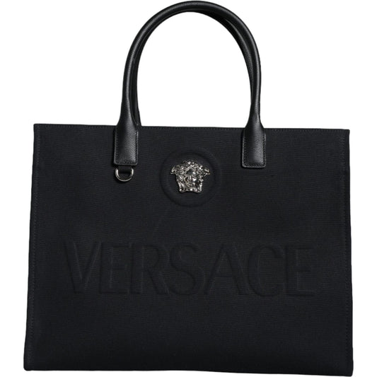 Versace Black Top Handle Canvas Leather Logo Shopping Tote Bag Versace