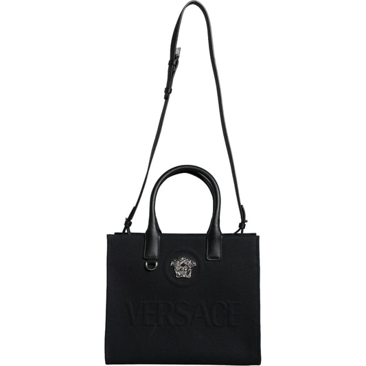 Versace Black Top Handle Canvas Leather Logo Crossbody Tote Bag Versace