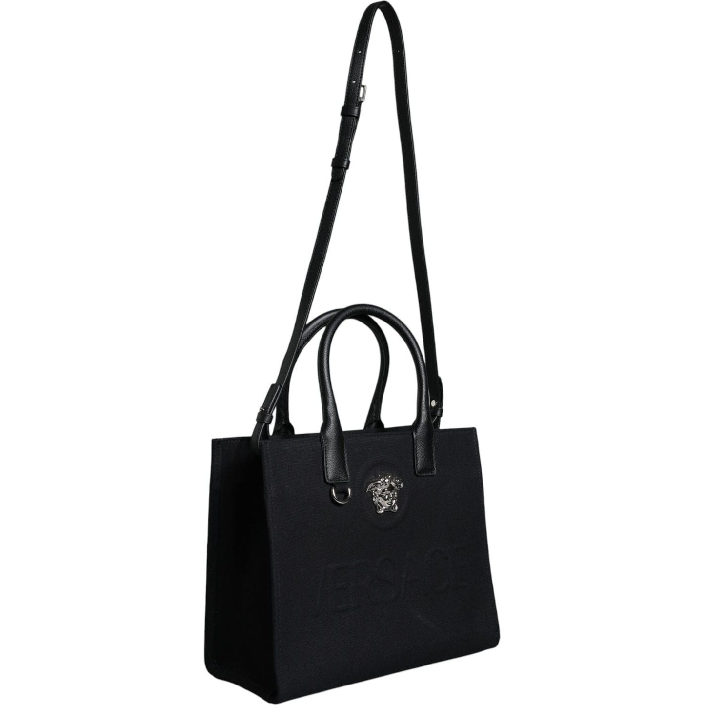 Versace Black Top Handle Canvas Leather Logo Crossbody Tote Bag Versace