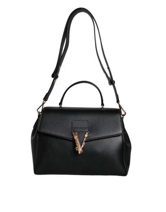 Versace Black Top Handle Grainy Calfskin Leather Crossbody Bag Versace