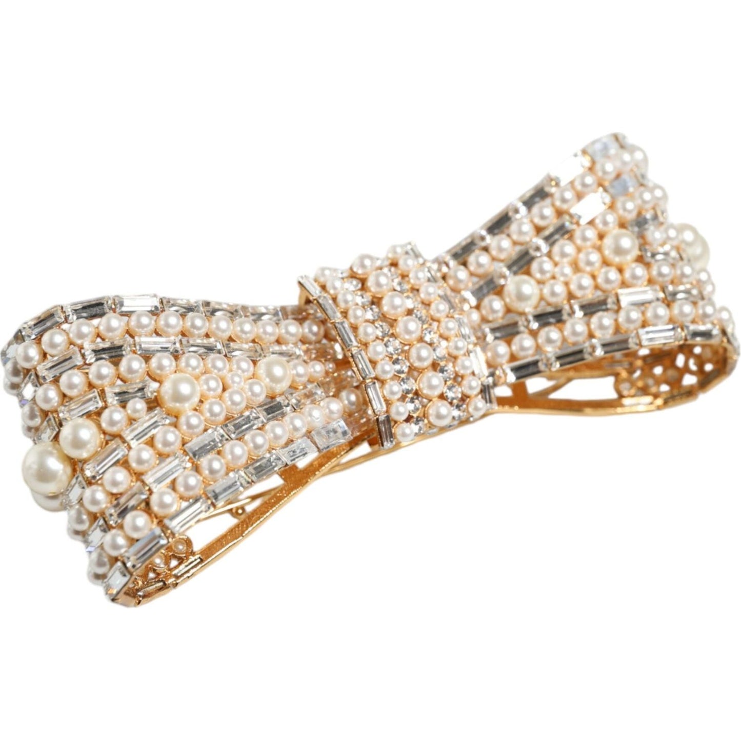 Dolce & Gabbana Gold Tone Brass Bow Crystal FauxPearl Embellished Brooch Dolce & Gabbana