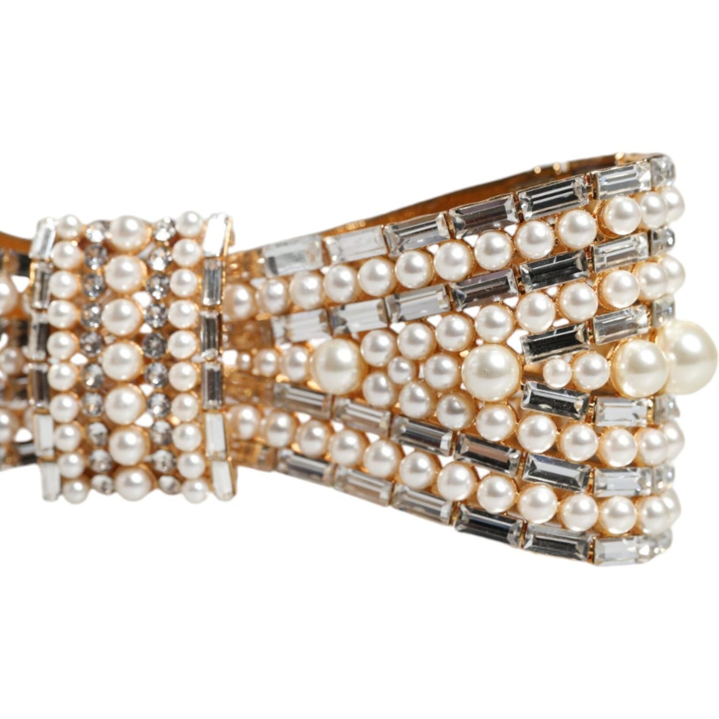 Dolce & Gabbana Gold Tone Brass Bow Crystal FauxPearl Embellished Brooch Dolce & Gabbana