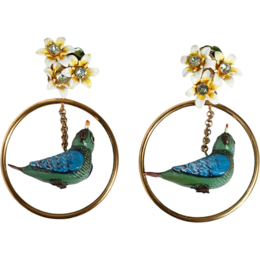 Dolce & Gabbana Gold Tone Brass Crystal Bird-in-Hoop Statement Earrings Dolce & Gabbana