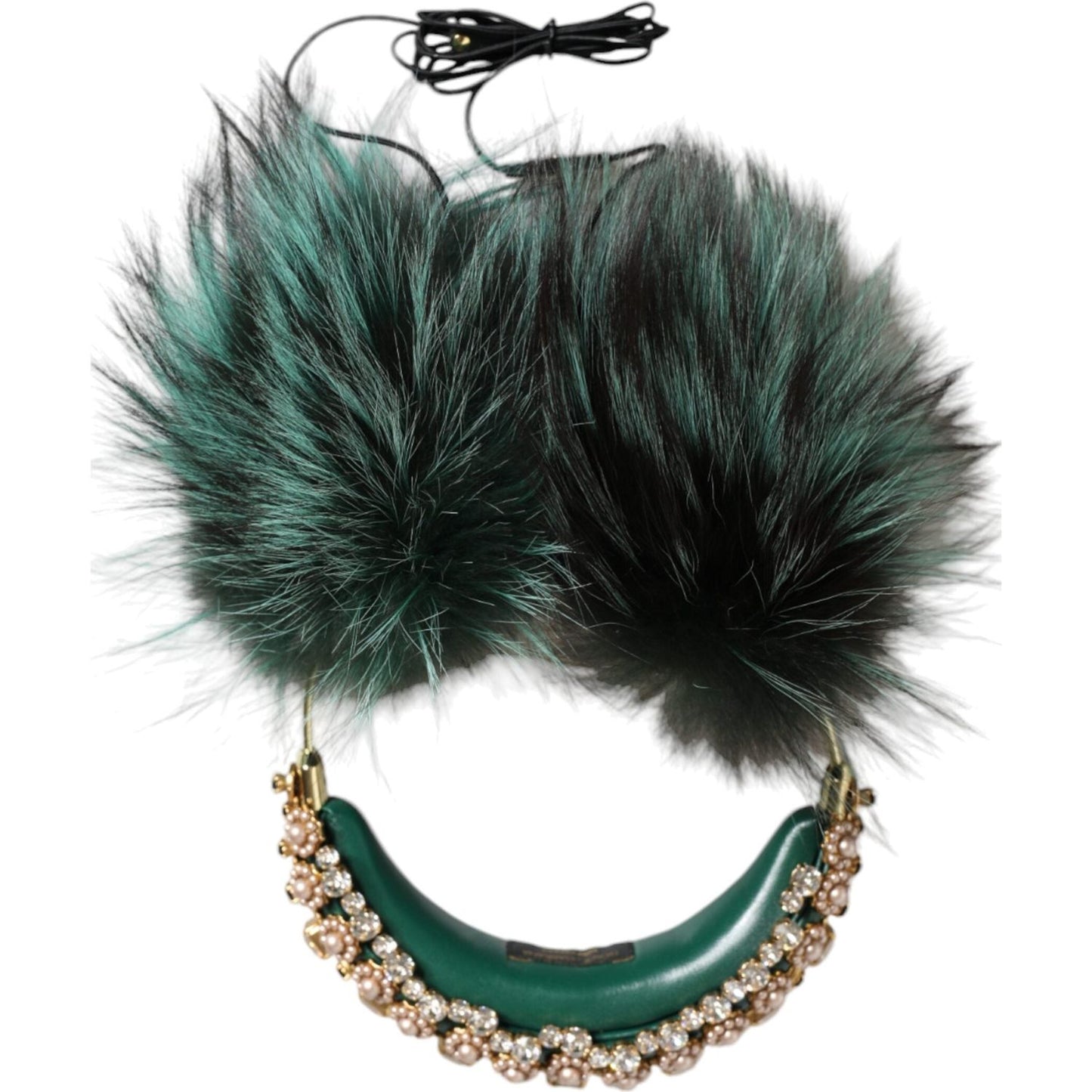 Dolce & Gabbana Green Gold Crystal Fur Headset Audio AUX Headphones Dolce & Gabbana