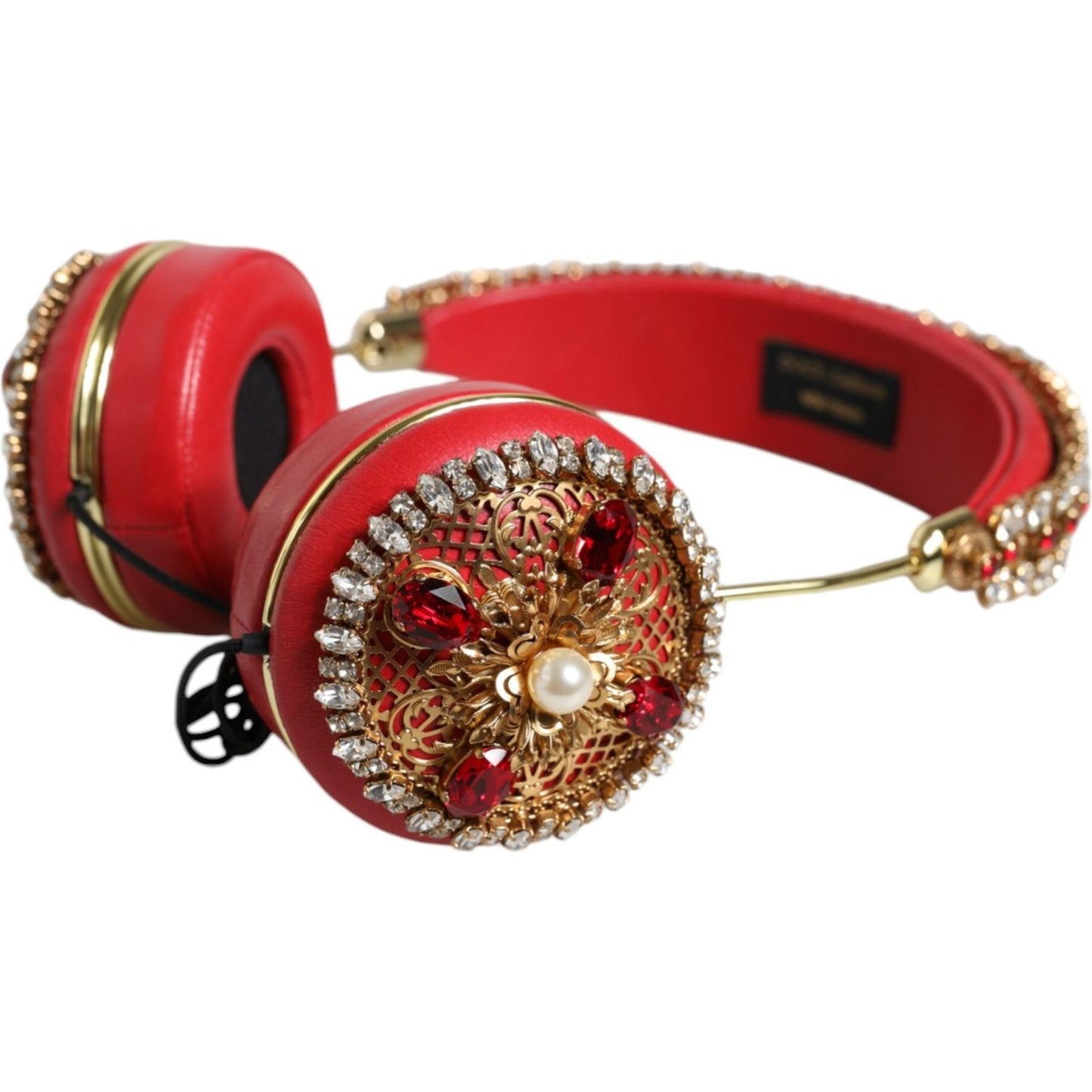 Dolce & Gabbana Red Nappa Leather Floral Crystal Headphone Dolce & Gabbana