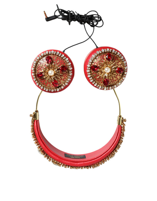 Dolce & Gabbana Red Nappa Leather Floral Crystal Headphone Dolce & Gabbana