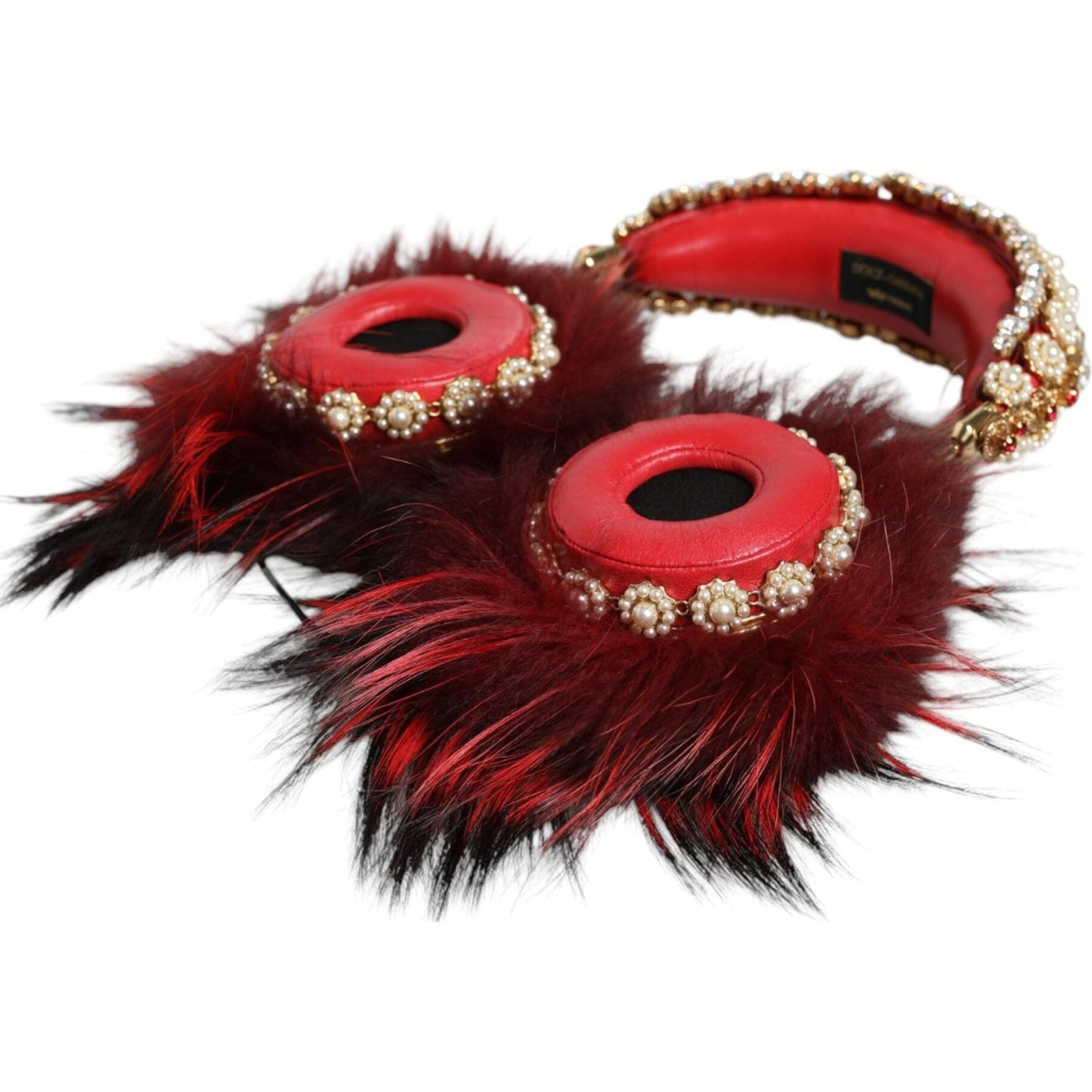 Dolce & Gabbana Red Gold Crystal Fur Headset Audio AUX Headphones Dolce & Gabbana