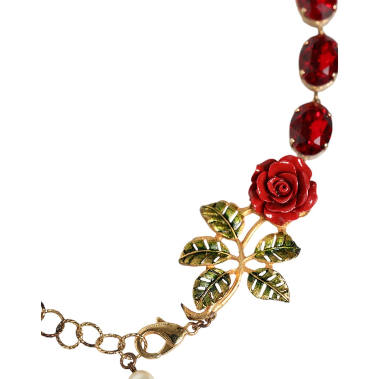 Dolce & Gabbana Gold Chain Brass Red Rose Crystal Embellished Necklace Dolce & Gabbana