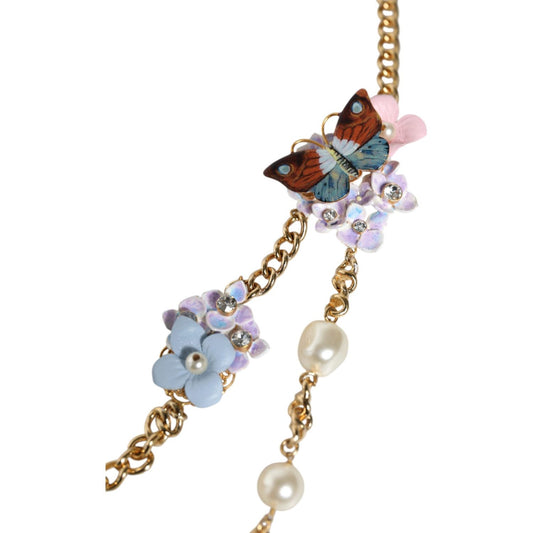 Dolce & Gabbana Gold Chain Brass Floral Layered Crystal Pearl Necklace Dolce & Gabbana