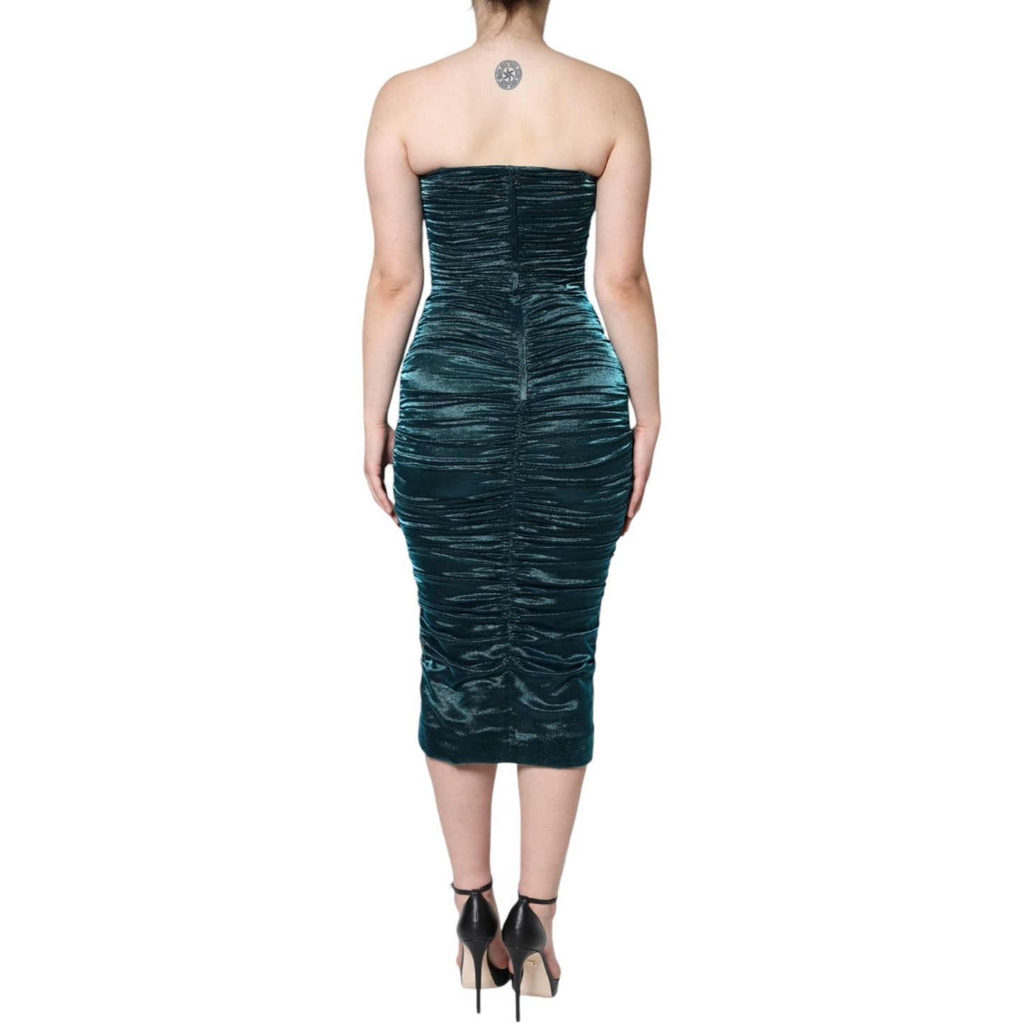 Dolce & Gabbana Green Silk Blend Satin Fitted Strapless Dress Dolce & Gabbana