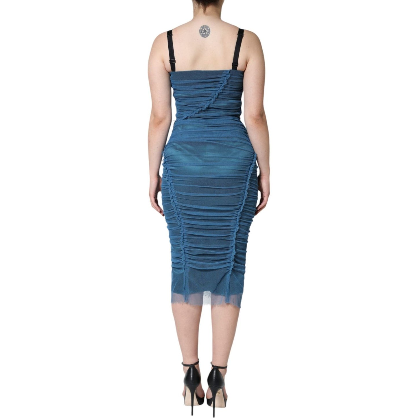 Dolce & Gabbana Blue Mesh Trim Ruched Tulle Sheath Dress Dolce & Gabbana