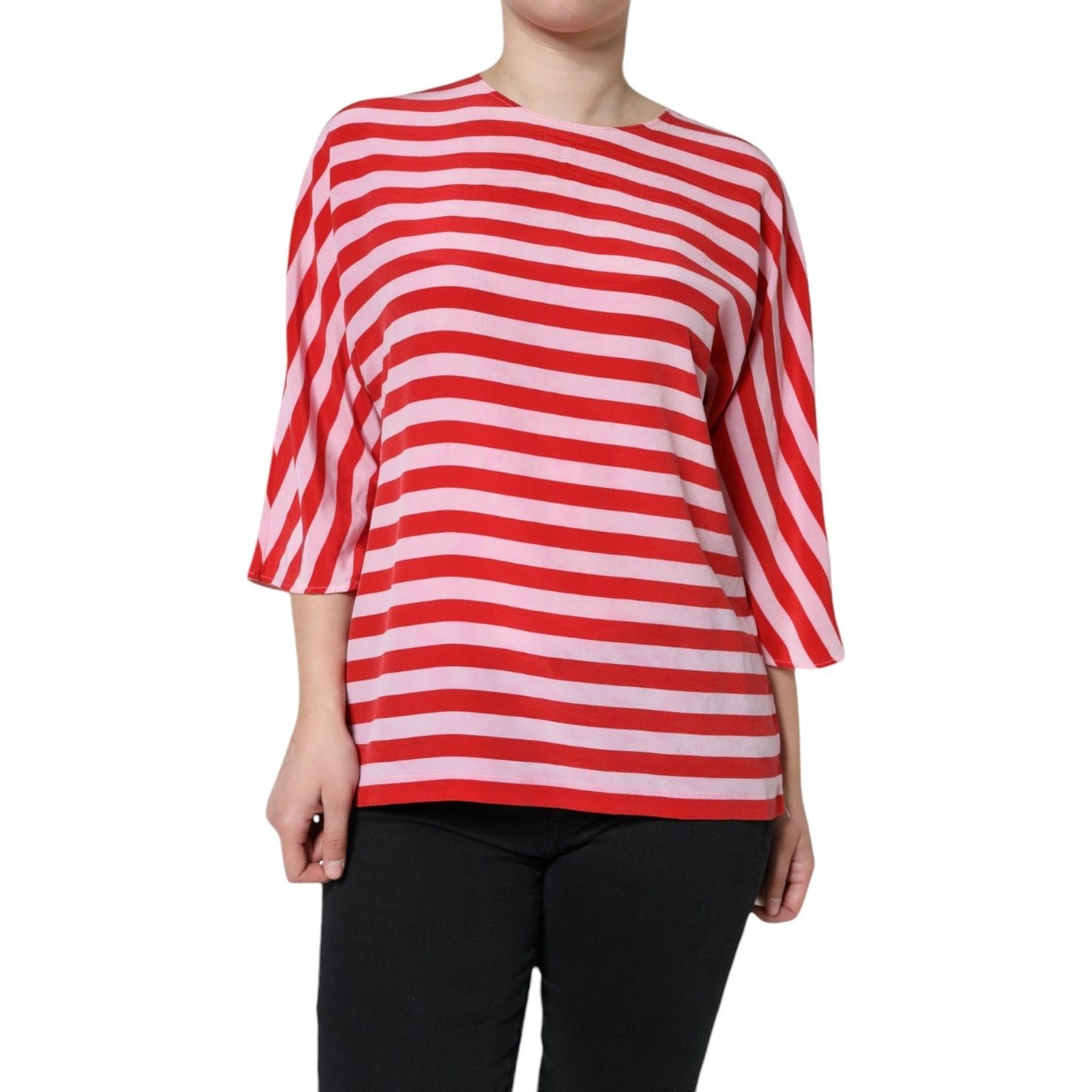 Dolce & Gabbana White Red Striped Silk Round Neck T-shirt Dolce & Gabbana