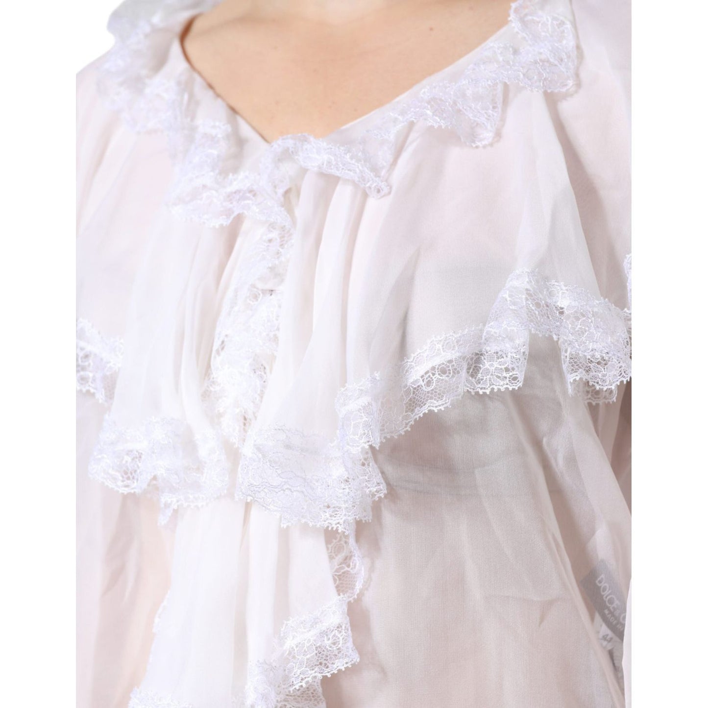 Dolce & Gabbana White Ruffles Lace Long Sleeve Blouse Top Dolce & Gabbana