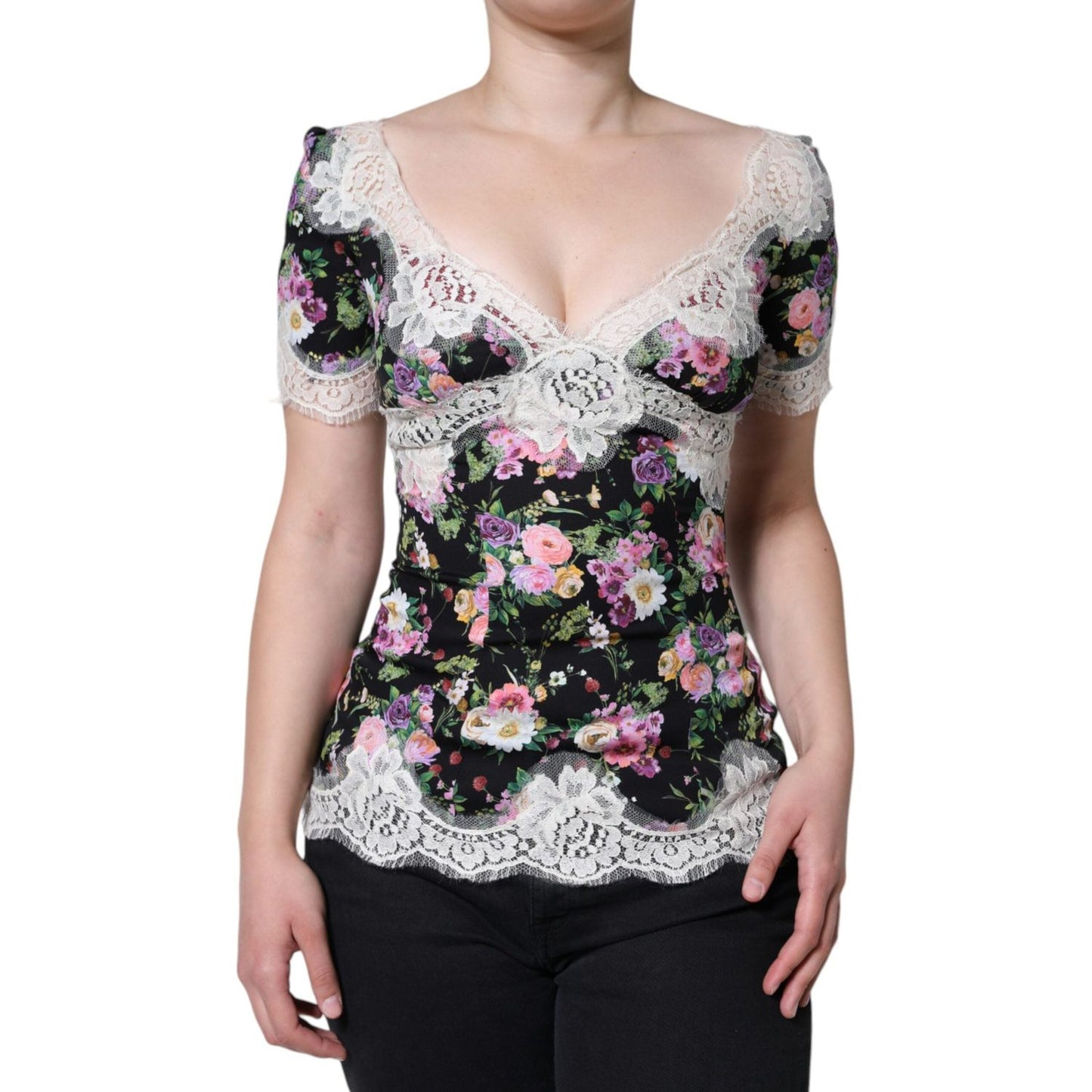 Dolce & Gabbana Black Floral Lace Short Sleeves Blouse Top Dolce & Gabbana