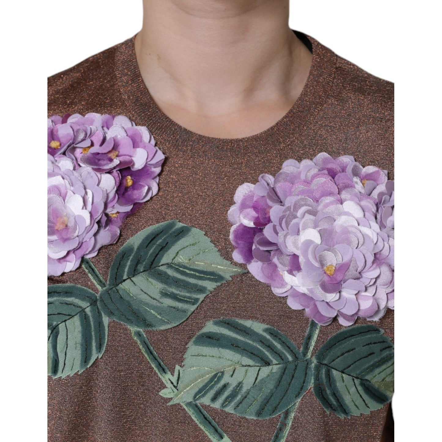 Dolce & Gabbana Brown Floral Applique Viscose Short Sleeve Top Dolce & Gabbana