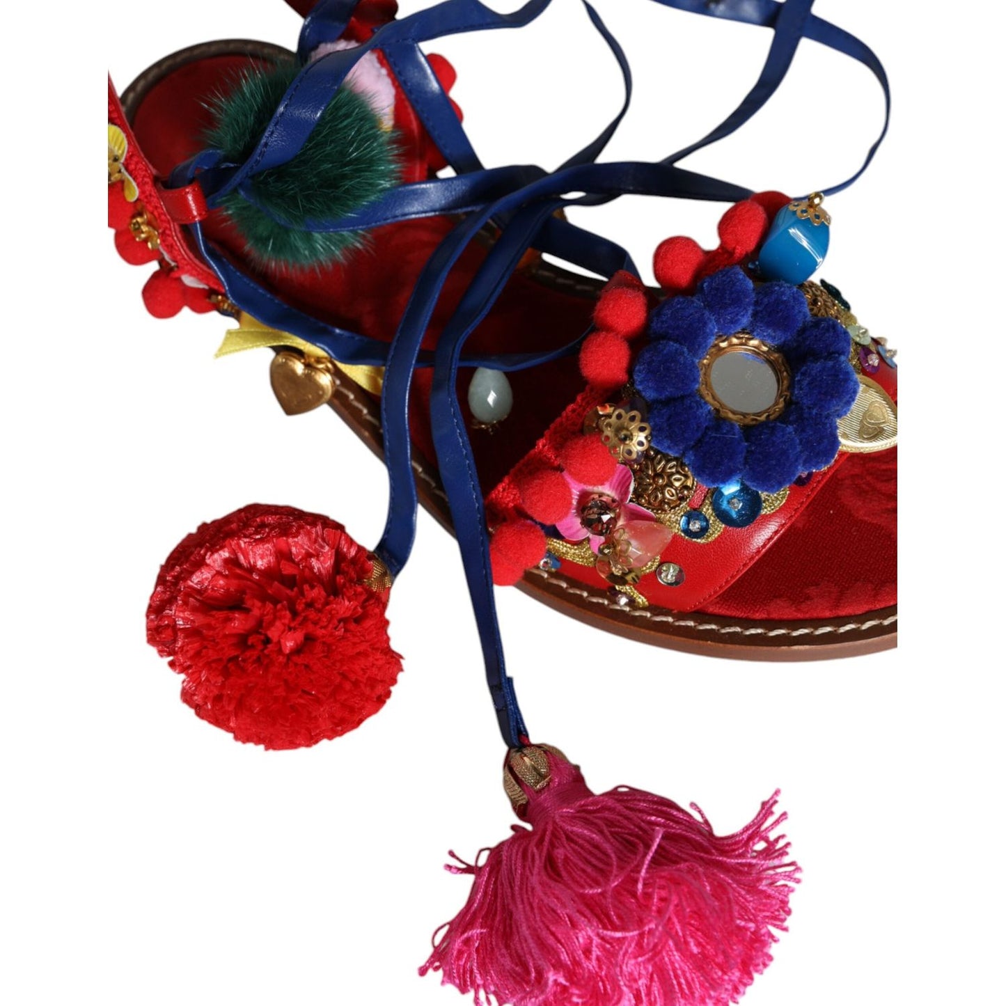 Dolce & Gabbana Multicolor Pom Pom Fur Wrap Sandals Shoes Dolce & Gabbana