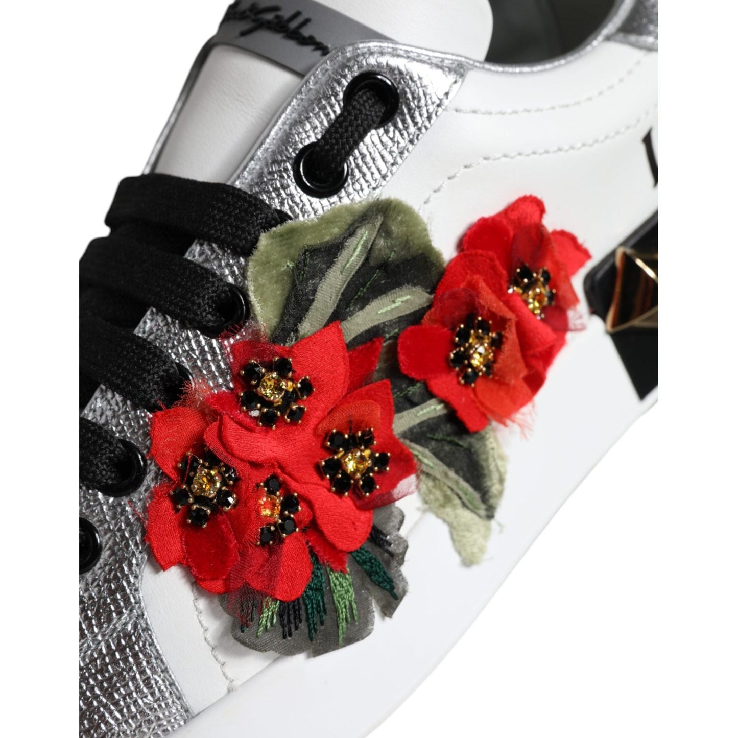 Dolce & Gabbana White Leather Floral Studded Sneakers Shoes Dolce & Gabbana