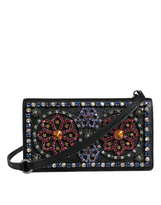 Dolce & Gabbana Black Leather Crystal Shoulder Crossbody Clutch Bag Dolce & Gabbana