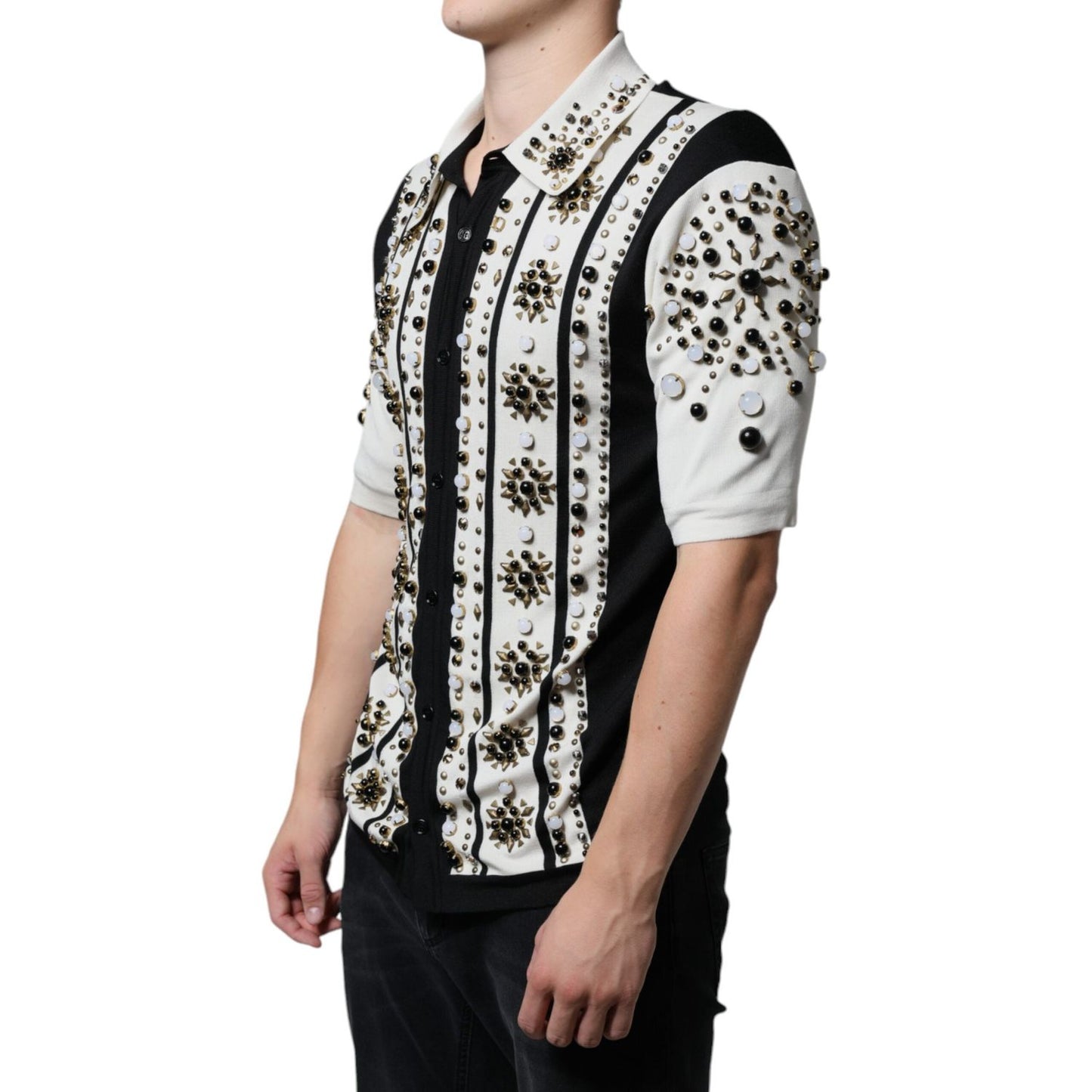 Dolce & Gabbana White Black Silk Studded Stone Crystal Shirt Dolce & Gabbana