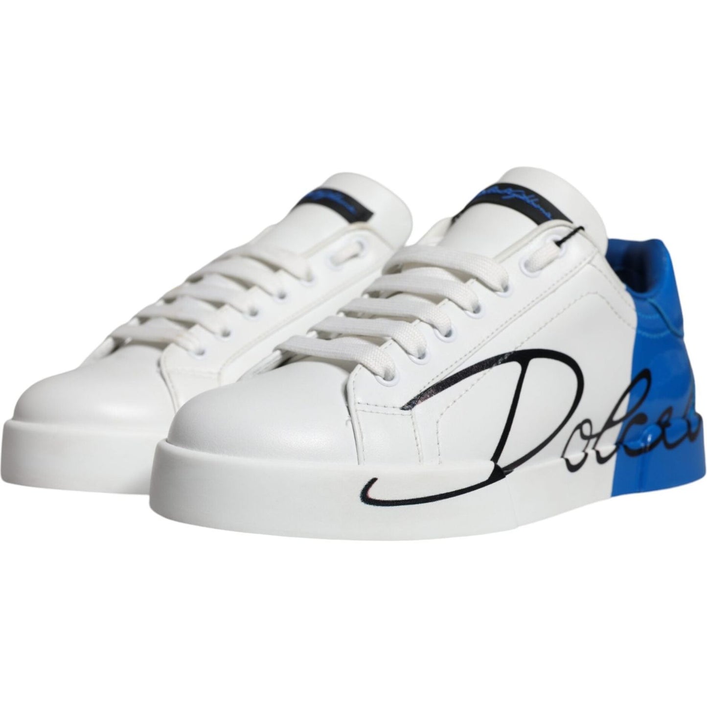 Dolce & Gabbana White Blue Leather Logo Low Top Sneakers Shoes Dolce & Gabbana