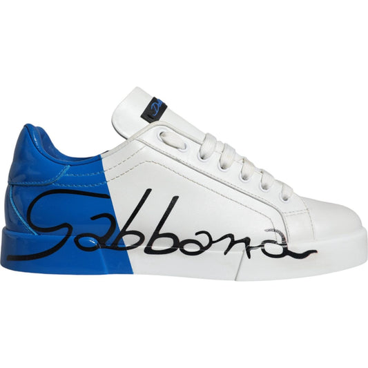 Dolce & Gabbana White Blue Leather Logo Low Top Sneakers Shoes