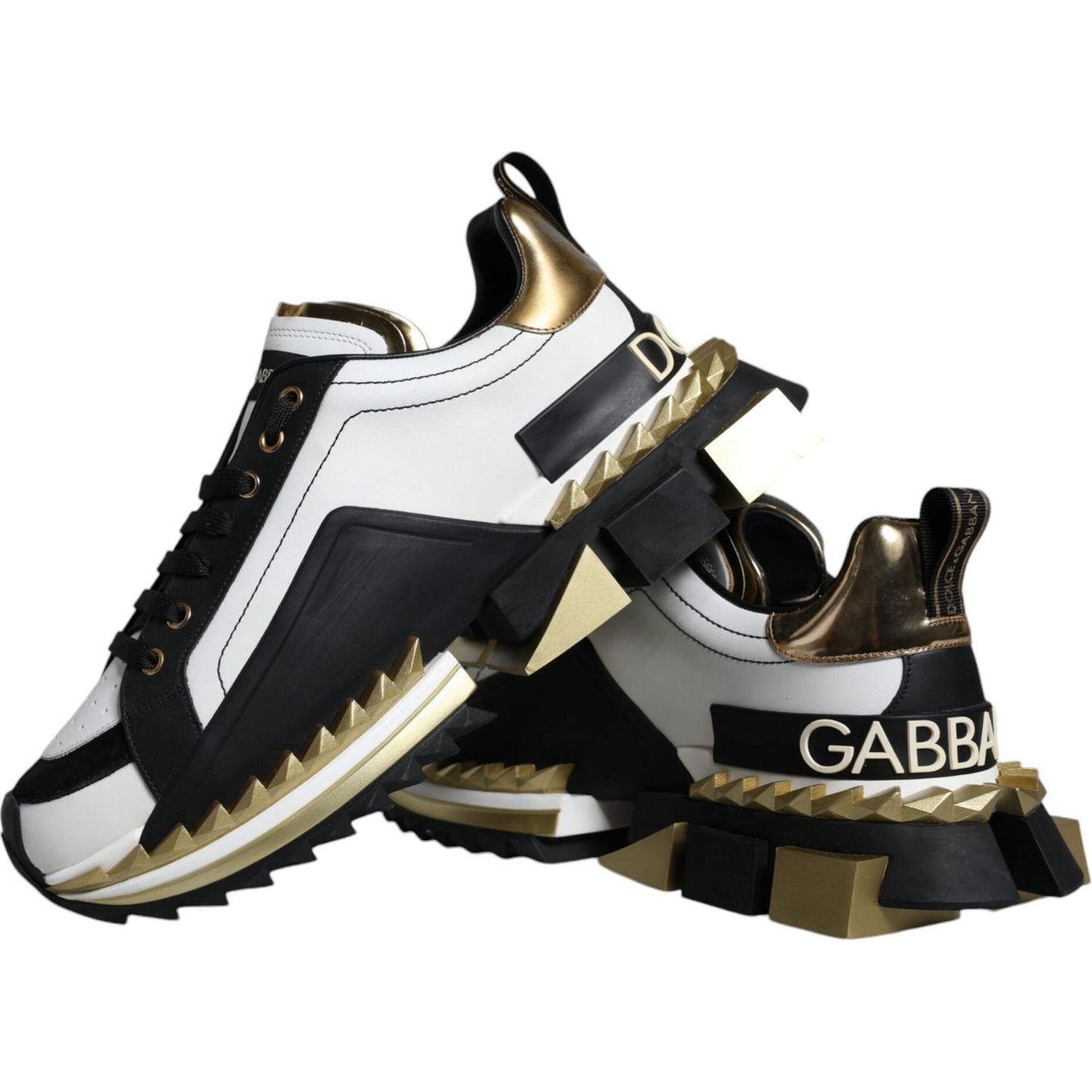 Dolce & Gabbana White Gold Black Leather SUPER KING Sneakers Shoes Dolce & Gabbana