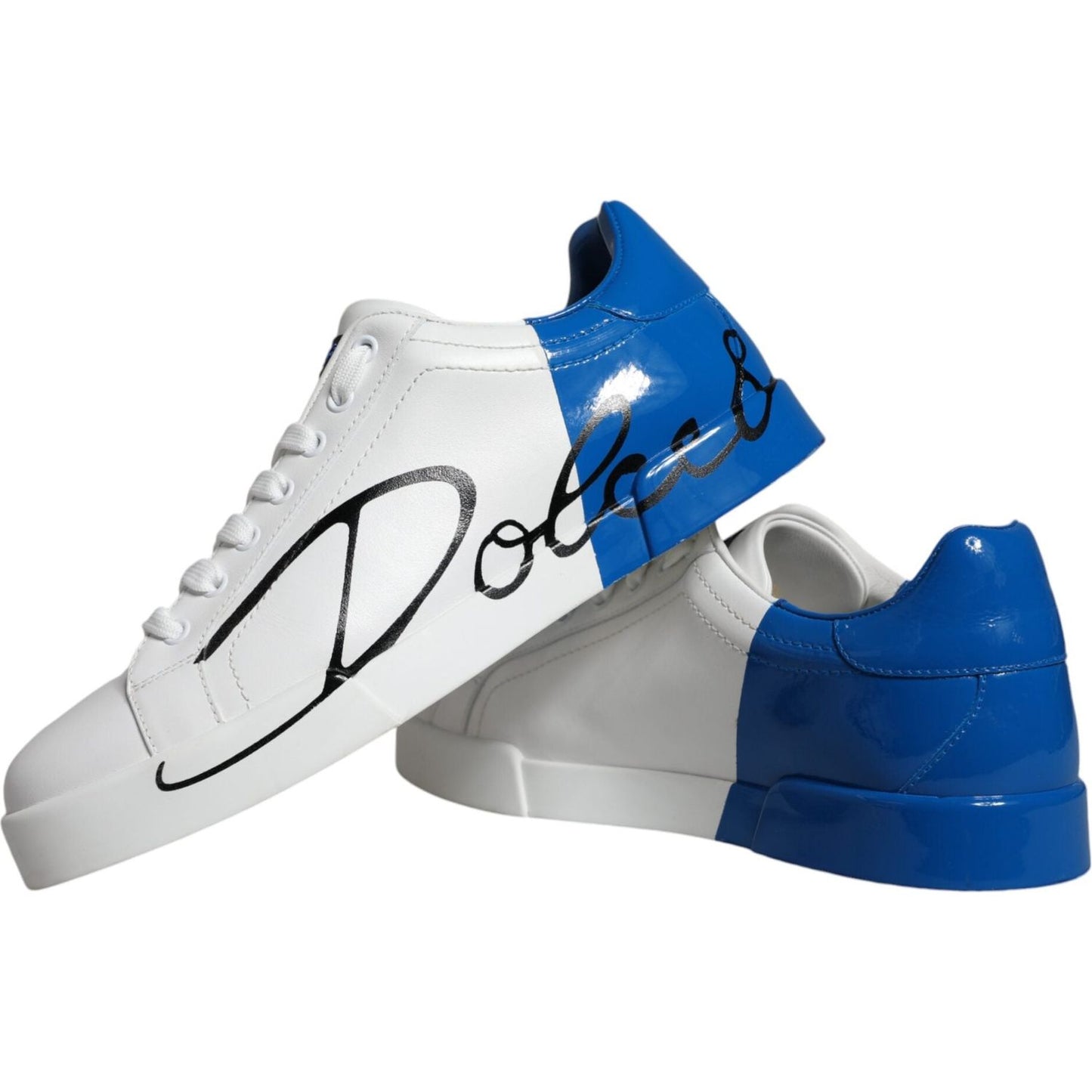 Dolce & Gabbana White Blue Leather Logo Low Top Sneakers Shoes