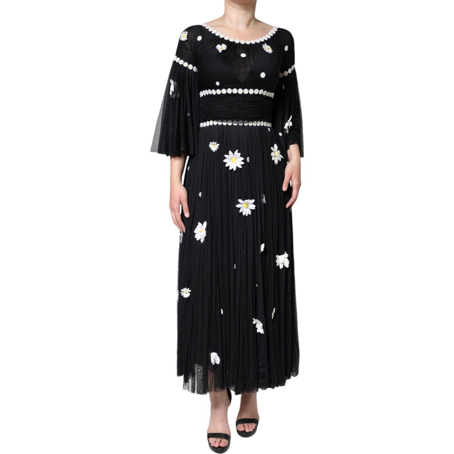 Dolce & Gabbana Black Silk Daisy A-line Long Maxi Dress Dolce & Gabbana