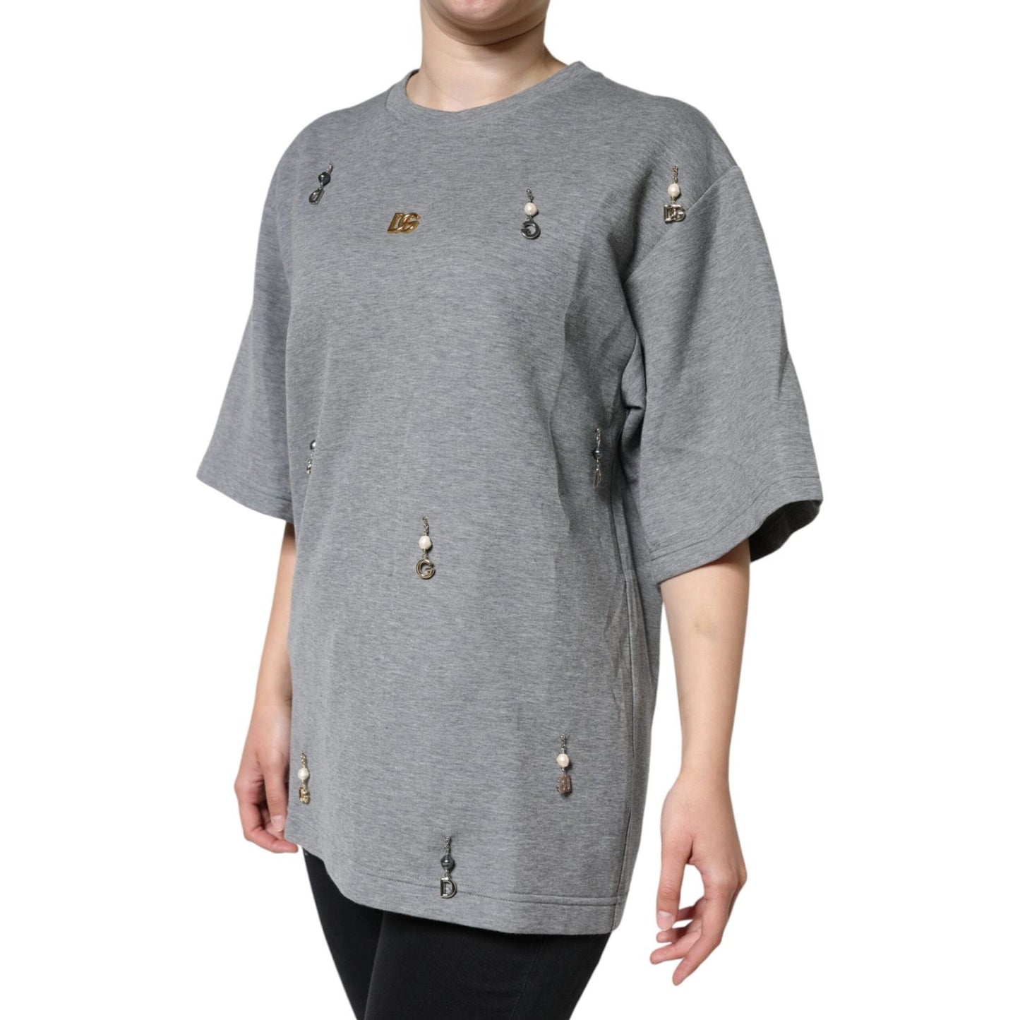 Dolce & Gabbana Gray Cotton Blend Embellished Tee T-shirt Dolce & Gabbana