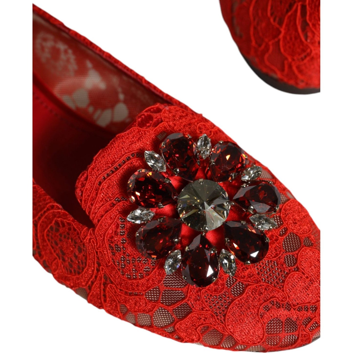 Dolce & Gabbana Red Lace Crystal Ballet Flats Loafers Shoes Dolce & Gabbana