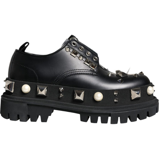 Dolce & Gabbana Black Leather Embellished Derby Formal Shoes Dolce & Gabbana