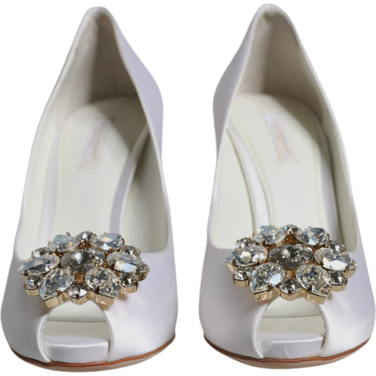 Dolce & Gabbana White Crystals Peep Toe Satin Pumps Shoes Dolce & Gabbana