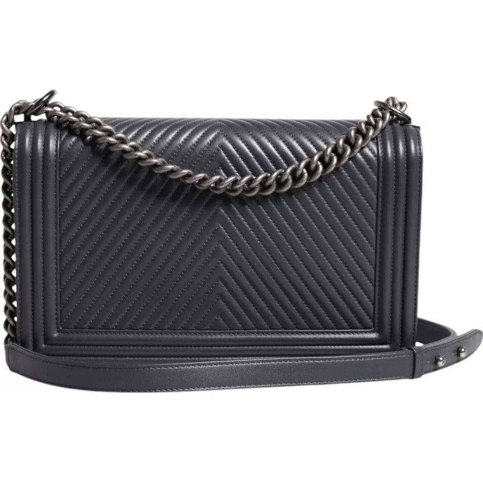 Chanel Gray Large Lambskin Chevron Double Chain Shoulder Silver Leather Bag Chanel