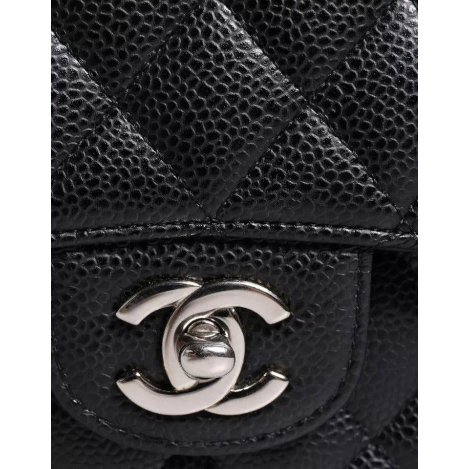 Chanel Black Caviar Medium Classic Double Flap Shoulder Quilted Silver Bag Chanel