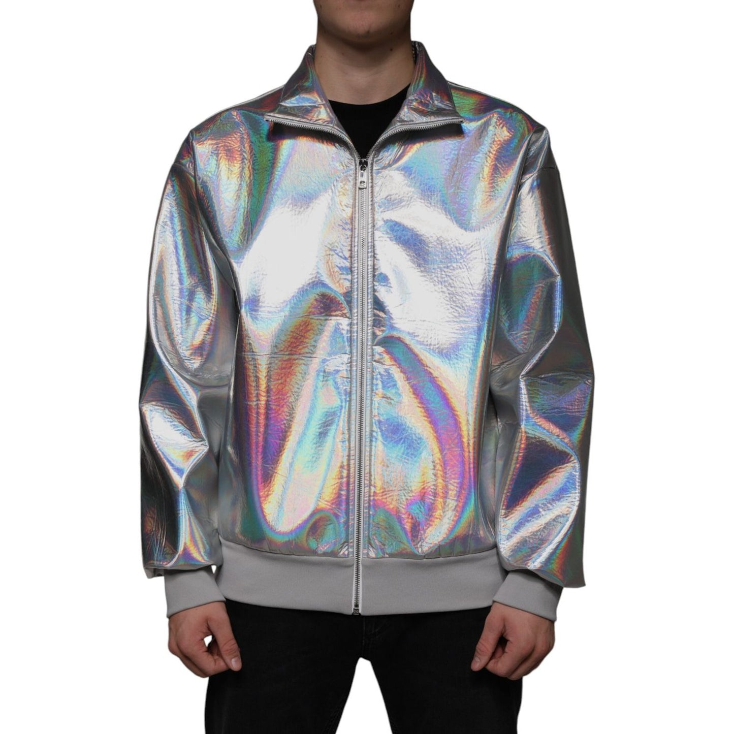 Dolce & Gabbana Silver Iridescent Full Zip Men Bomber Jacket Dolce & Gabbana