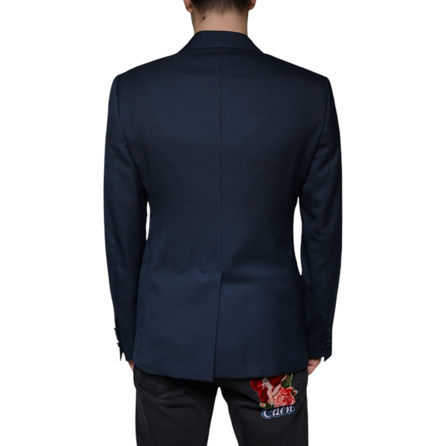 Dolce & Gabbana Blue Wool Logo Single Breasted Coat Blazer Dolce & Gabbana