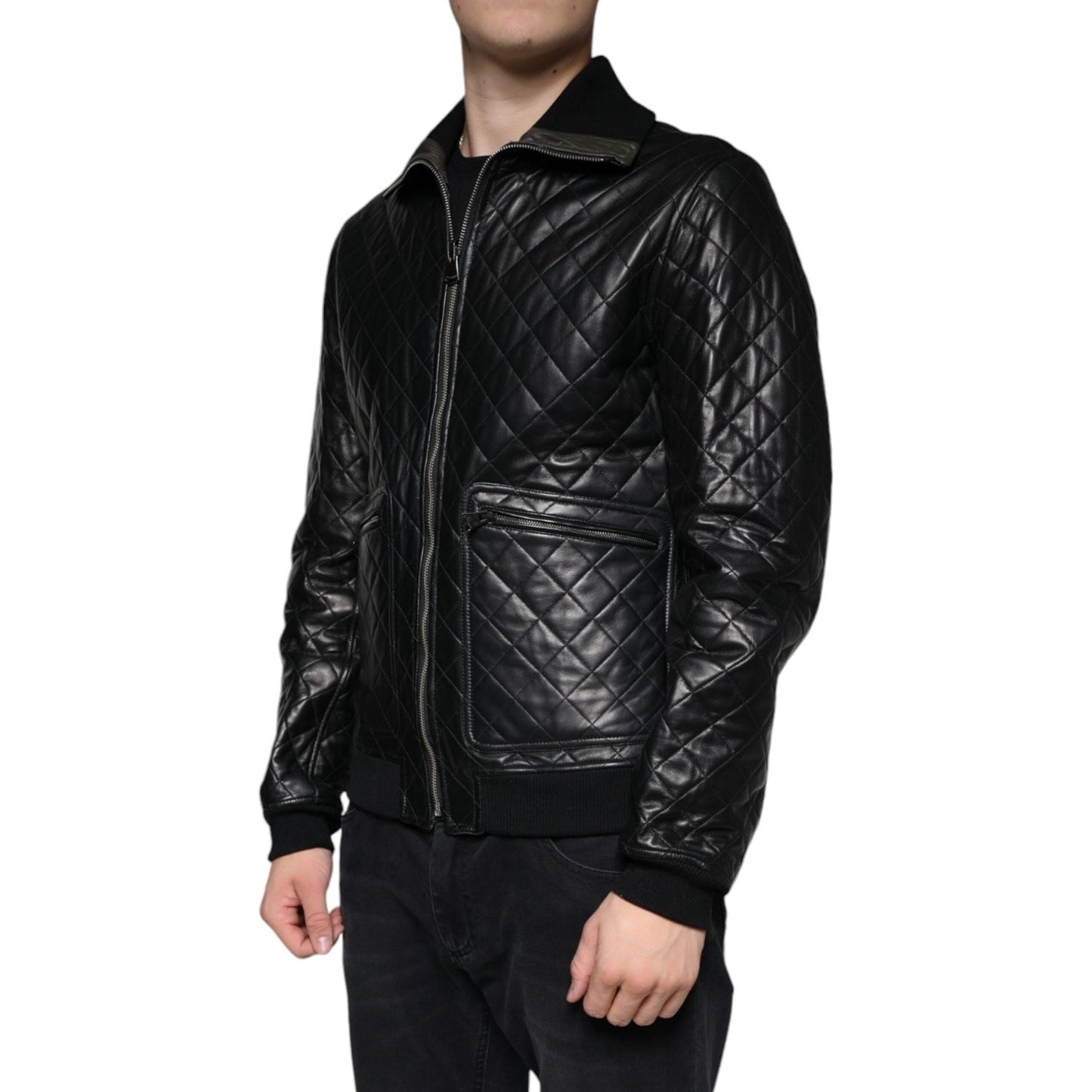 Dolce & Gabbana Black Calf Leather Quilted Full Zip Jacket Dolce & Gabbana