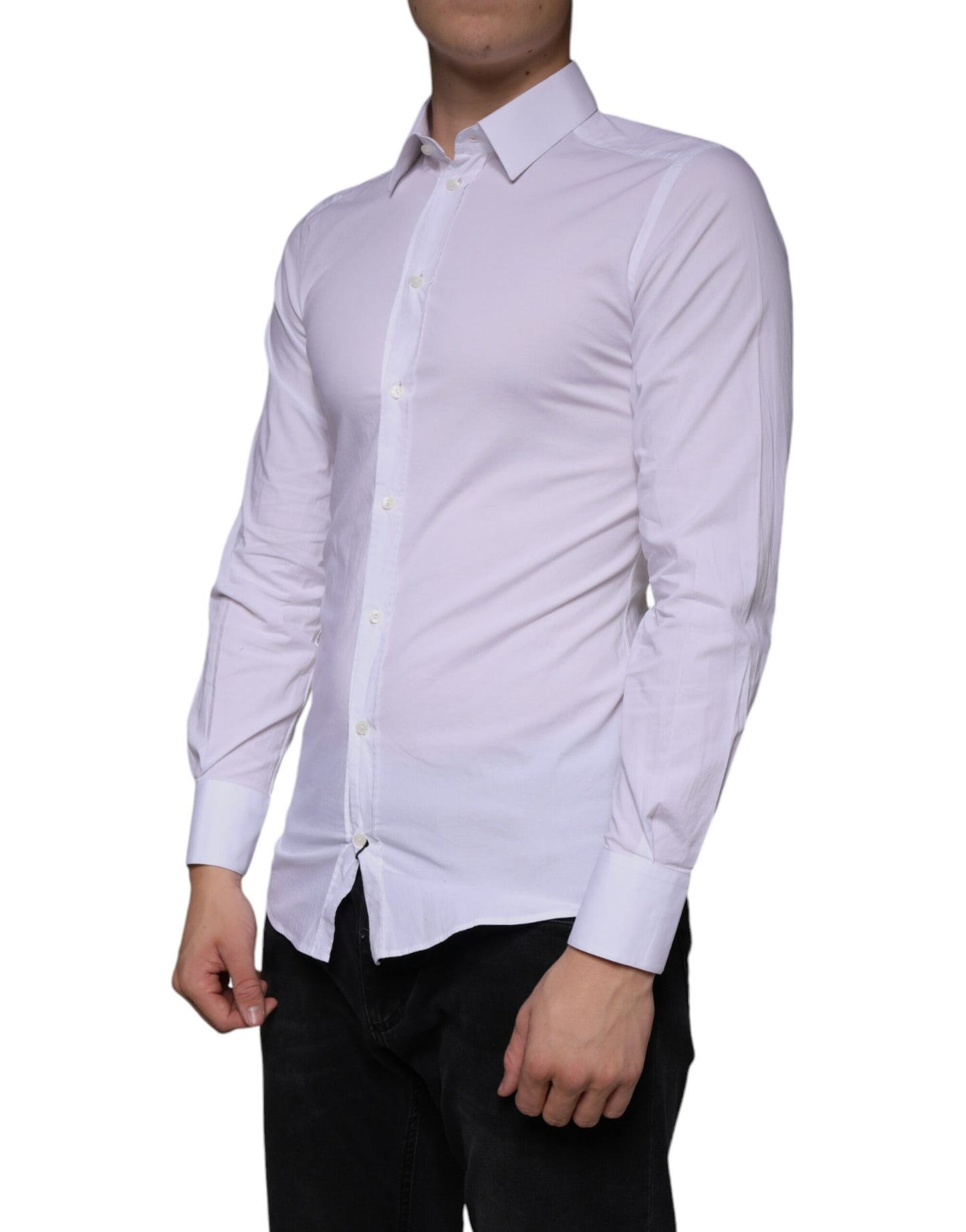 Dolce & Gabbana White Cotton Stretch Dress GOLD Formal Shirt Dolce & Gabbana