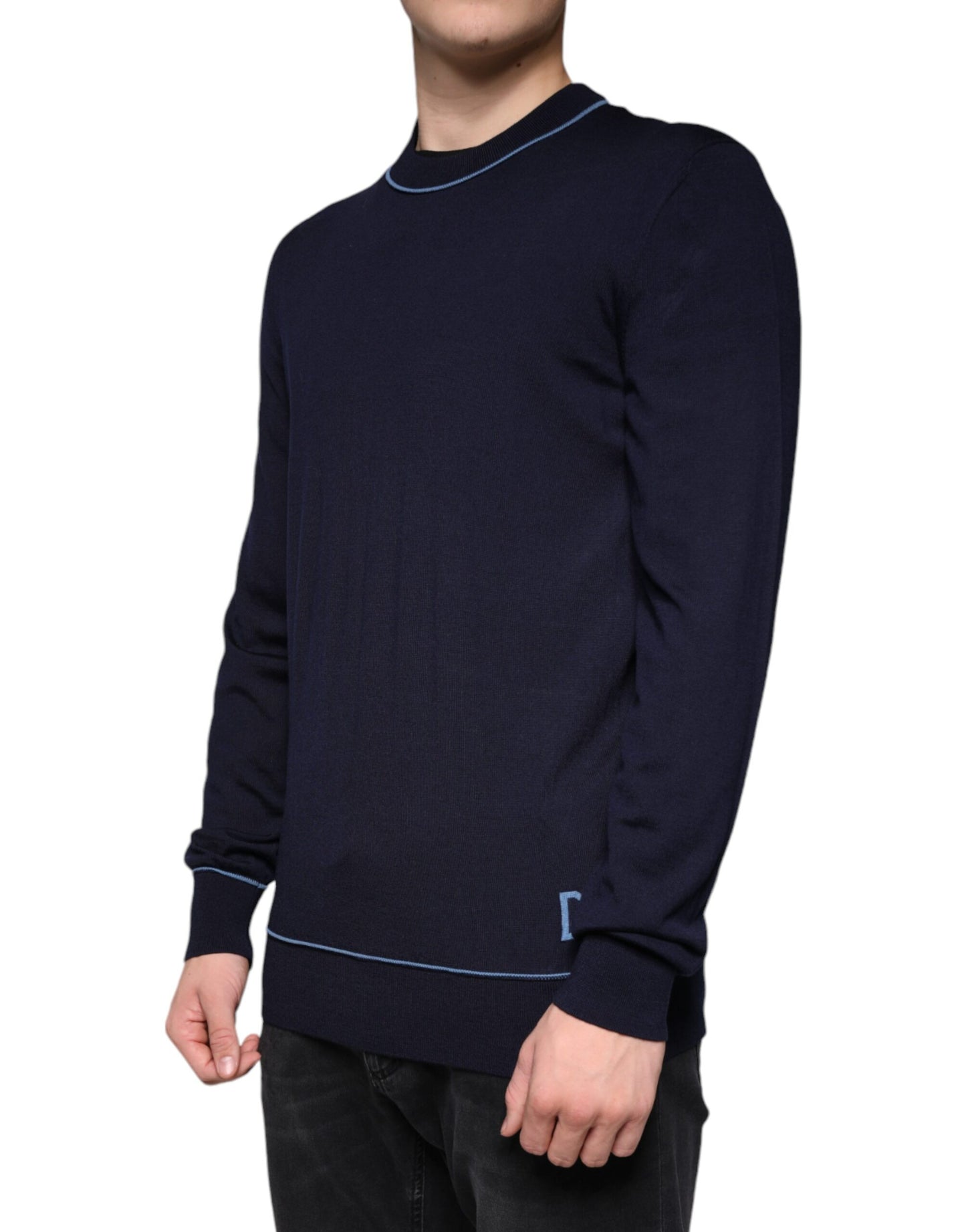 Dolce & Gabbana Dark Blue Wool Crew Neck Men Pullover Sweater Dolce & Gabbana