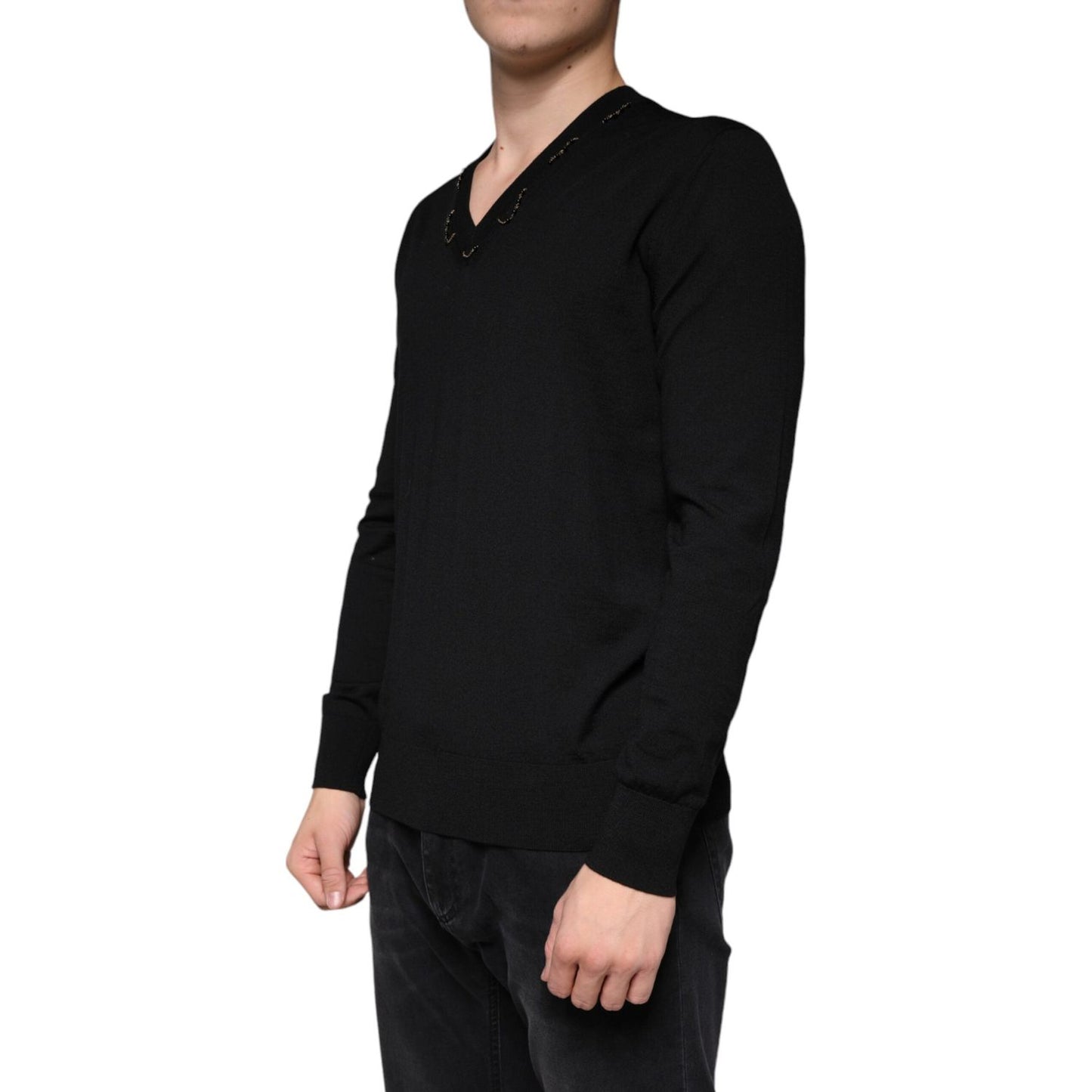 Dolce & Gabbana Black Embellished V-neck Pullover Sweater