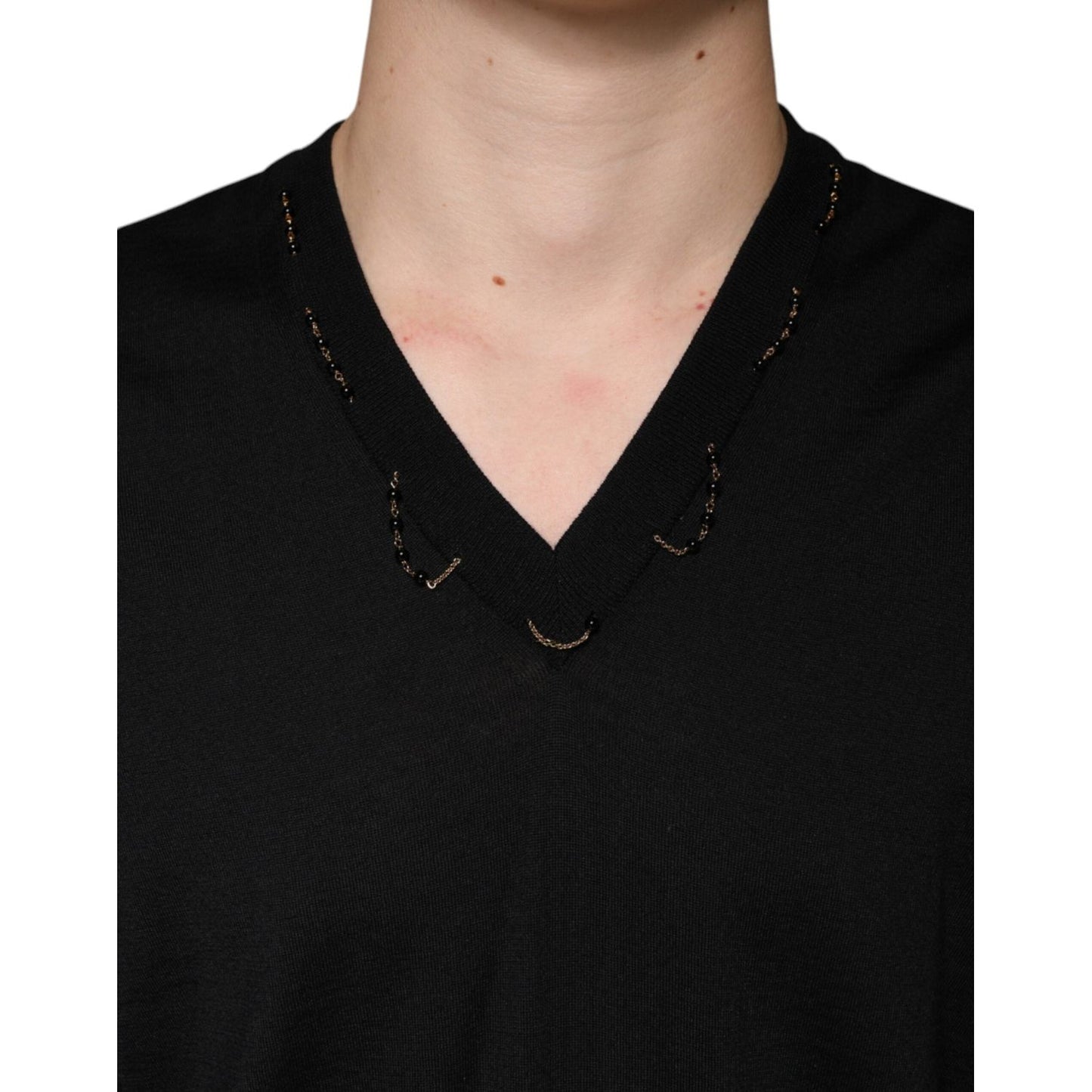 Dolce & Gabbana Black Embellished V-neck Pullover Sweater