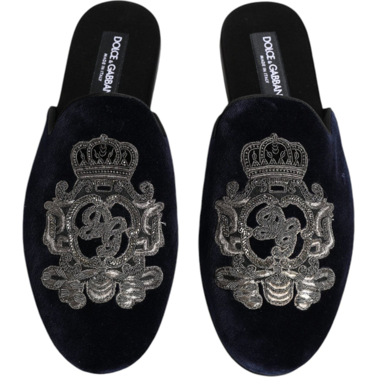 Dolce & Gabbana Black Velvet DG Crown Embroidery Slides Shoes Dolce & Gabbana