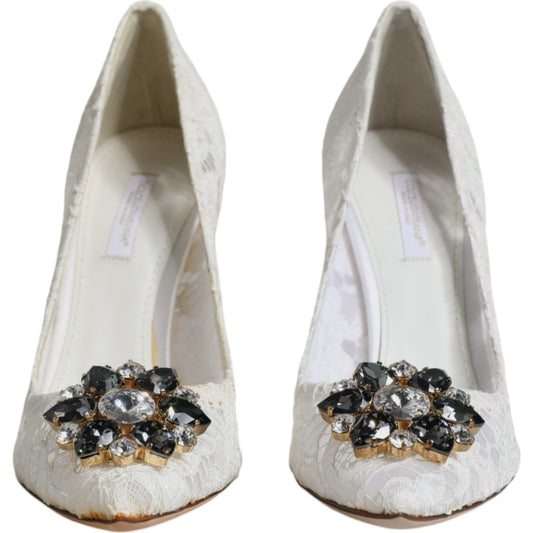 Dolce & Gabbana White Taormina Lace Crystal Heel Pumps Shoes Dolce & Gabbana