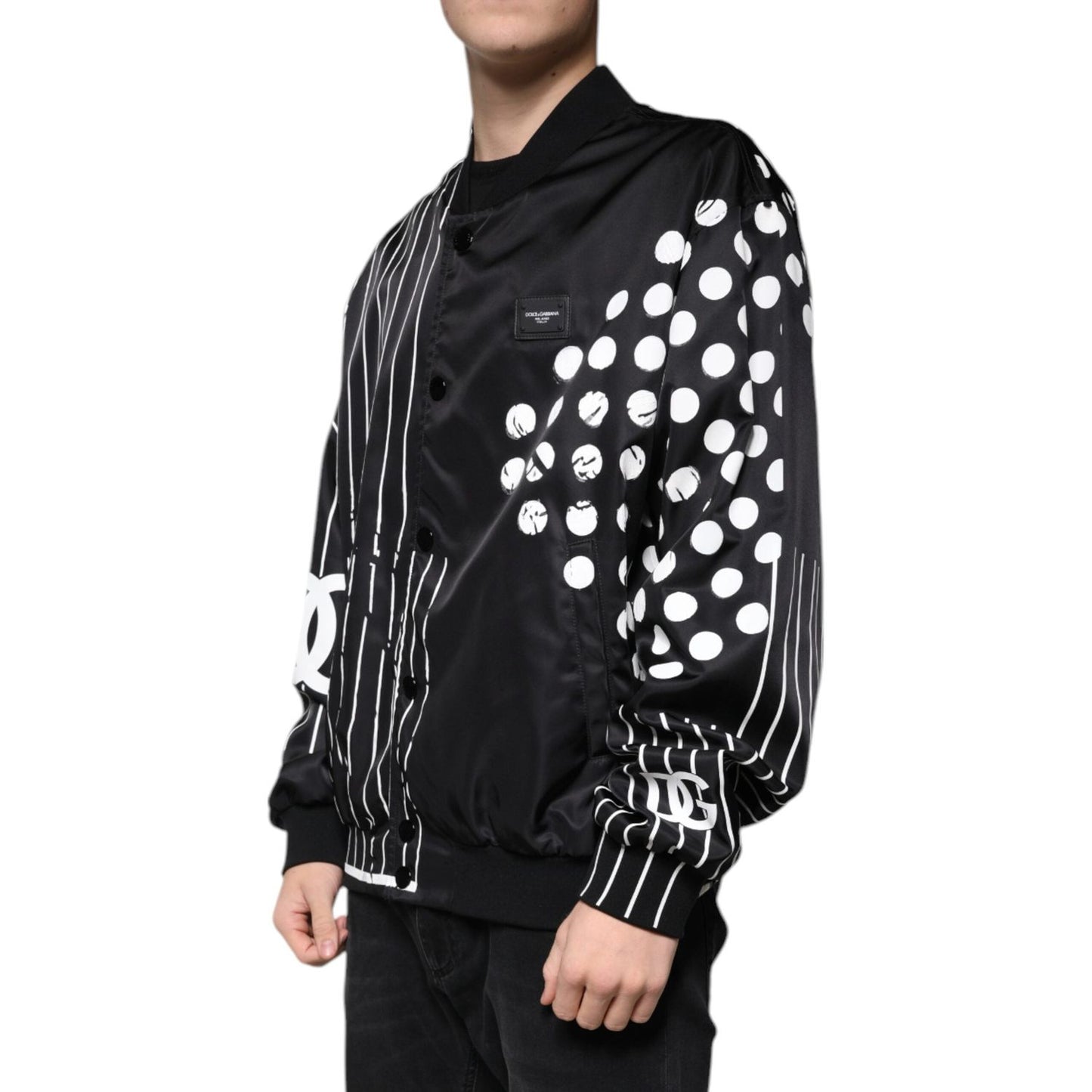 Dolce & Gabbana Black Polka Dot Stripe Nylon Bomber Jacket Dolce & Gabbana