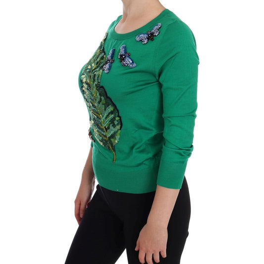 Dolce & Gabbana Embellished Green Silk Pullover Sweater Dolce & Gabbana