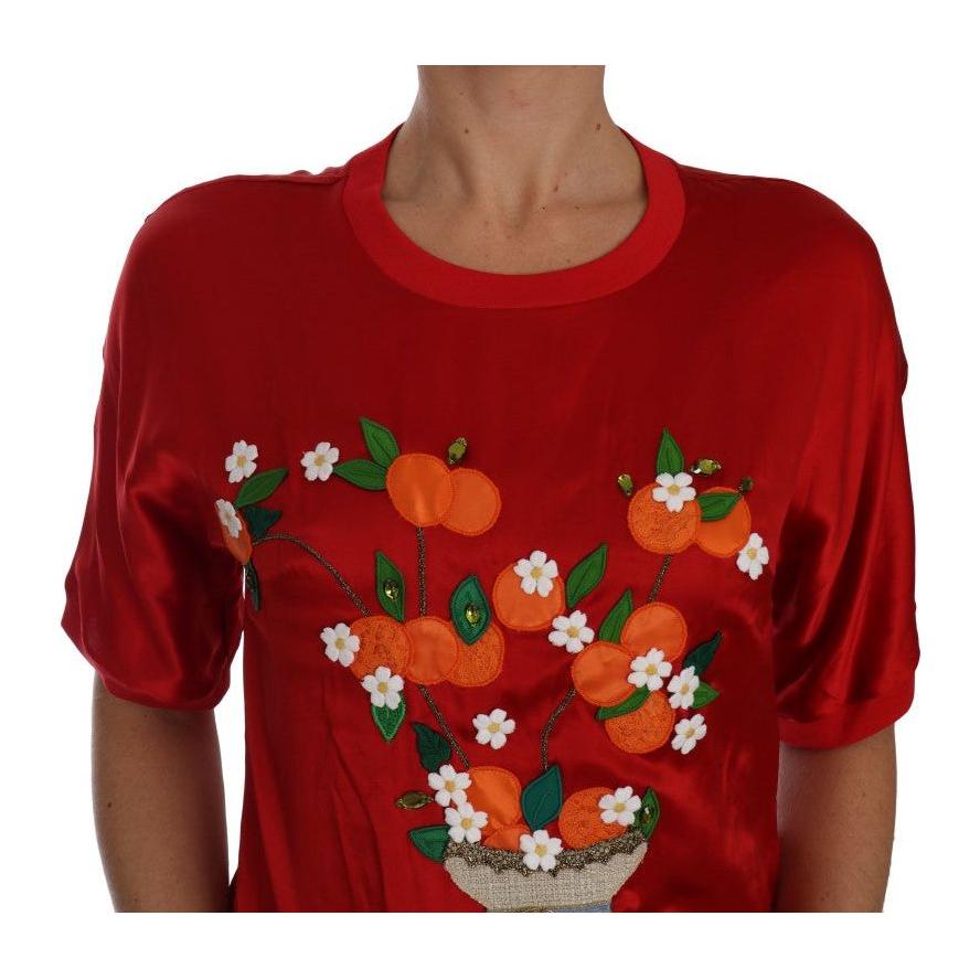 Dolce & Gabbana Red Silk Floral Embroidered Elegance Top Dolce & Gabbana