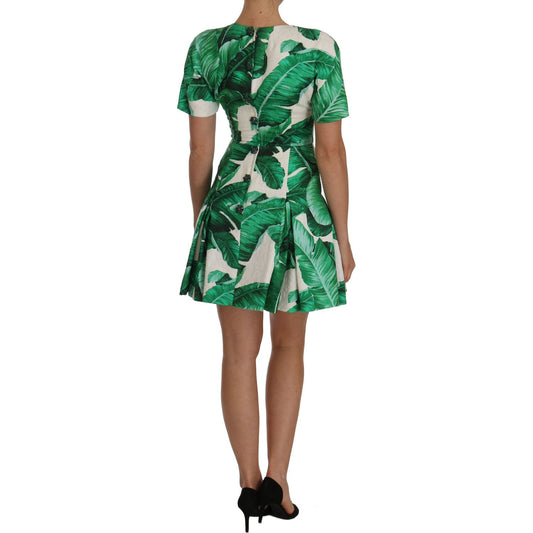 Dolce & Gabbana Elegant Green Banana Leaf Print A-Line Dress Dolce & Gabbana