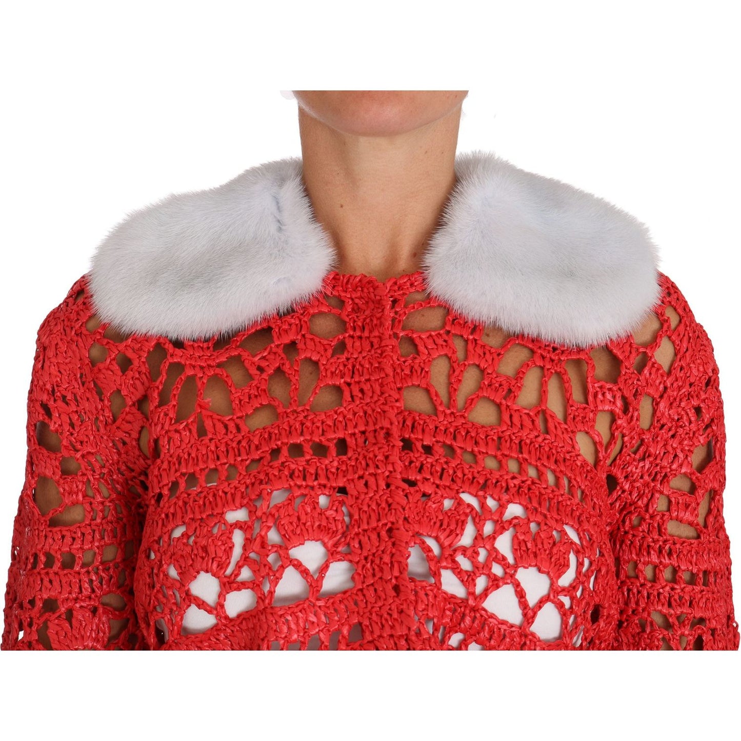 Dolce & Gabbana Elegant Red Crochet Knit Cardigan with Fur Collar Dolce & Gabbana